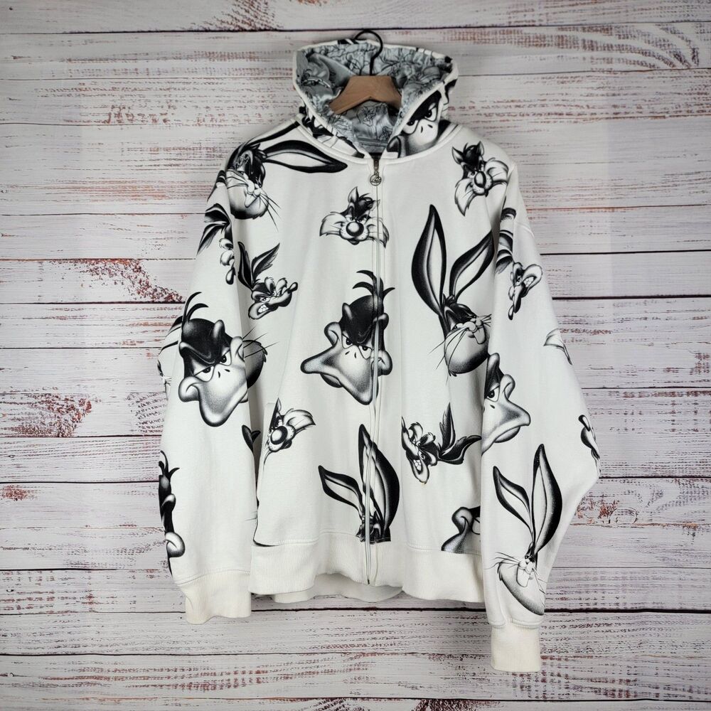 Lot 29 Size XXL White All Over Print Hoodie Looney Tunes Y2K AOP Full Zip VTG